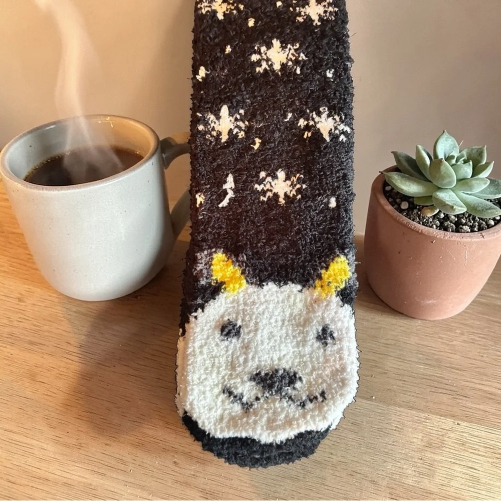Minky‎ Cozy Novelty Fuzzy Socks - Black with White & Yellow Accent